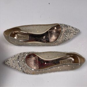 BADGLEY MISCHKA Babette Rhinestone Embellished Nude Mesh Flat